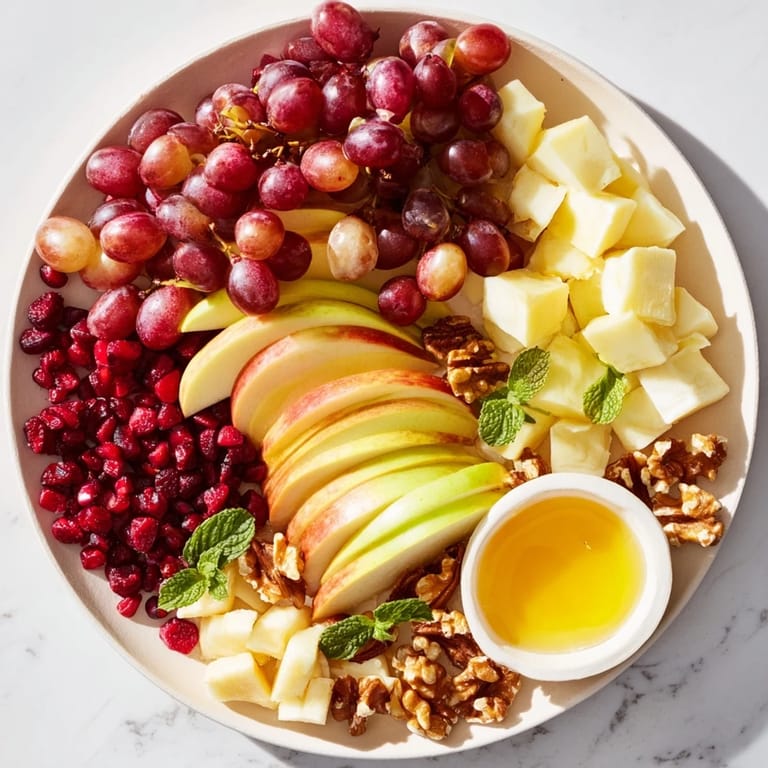 This inviting apple orchard fruit board bursts with ripe apples, cheese, and honey for dipping.
