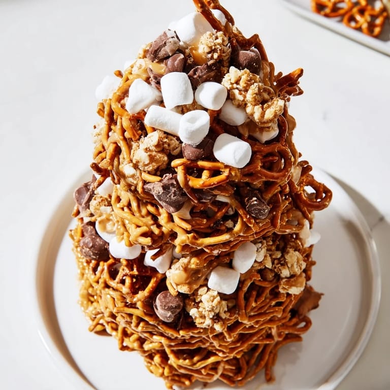 Vibrant photo of a finished haystack candy tower, layered with pretzels and peanut butter.