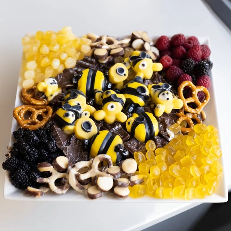 A close-up of a whimsical Bumblebee Candy Board overflowing with yellow, black, and fresh fruit.