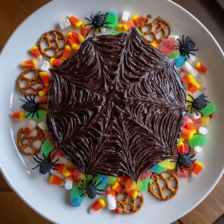 A Halloween-themed Spiderweb Candy Platter, complete with gummy spiders and a detailed chocolate web design.
