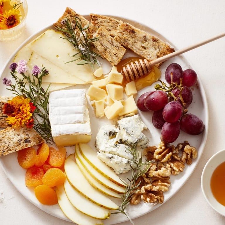 A stunning Honeycomb, Honey & Cheese Board with glistening floral honey and seasonal fruits ready to enjoy.