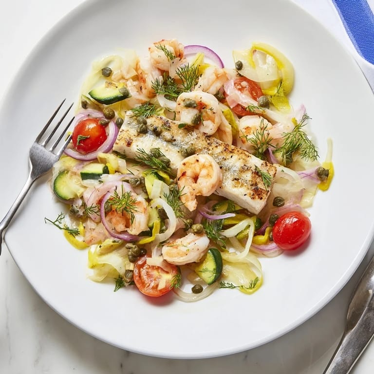 Close-up of Plongeons dans l'Océan Poisson Bleu, showcasing a beautifully plated seafood and vegetable meal.