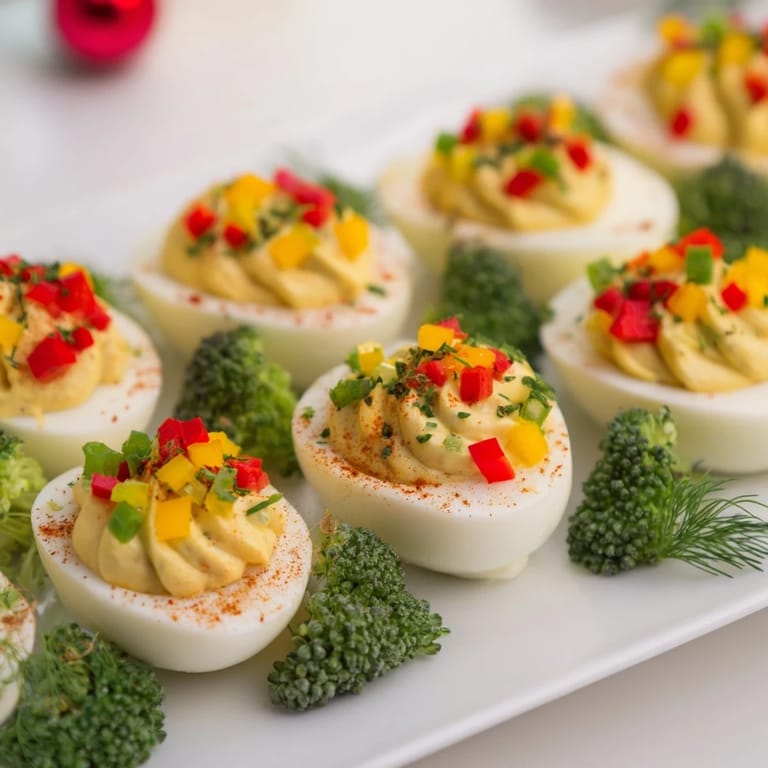 A platter of eye-catching Christmas Tree Deviled Eggs decorated with colorful bell peppers for the holidays.