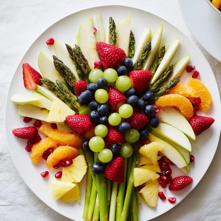 A stunning Asparagus Stem Floral Fruit Board, filled with juicy strawberries and vibrant green grapes ready to enjoy.