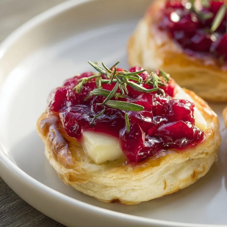 Warm Mini Cranberry Brie Tart Wreath, showcasing delicious, bubbly cheese and vibrant cranberry topping.