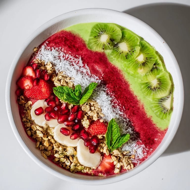 Cool, refreshing Festive Red and Green Smoothie Bowls, a beautiful combination of flavors and textures.