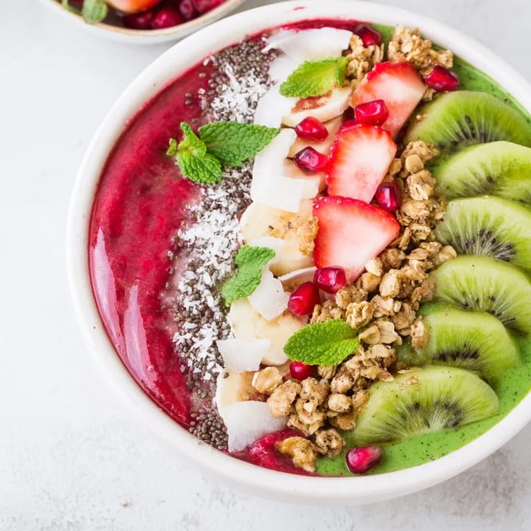 Fresh Festive Red and Green Smoothie Bowls feature creamy layers and colorful toppings perfect for brunch.