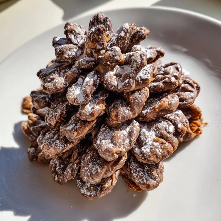 Close-up of delicious Pinecone Shaped Nut Butter Snacks, dusted with powdered sugar, perfect bite-sized treats.