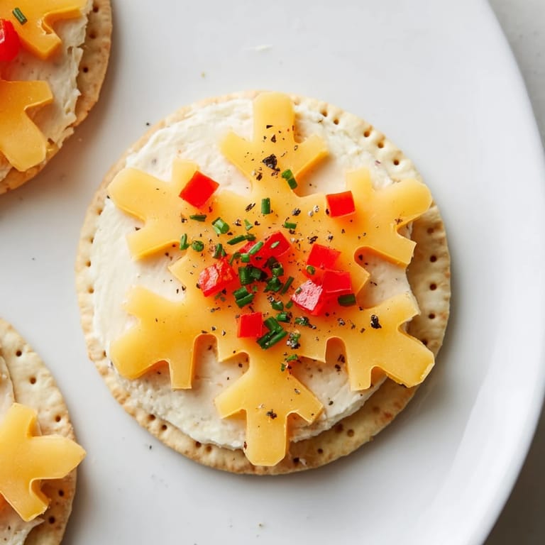 Holiday-ready cracker and cheese snowflakes, featuring fresh herbs and pepper, offer a flavorful bite.