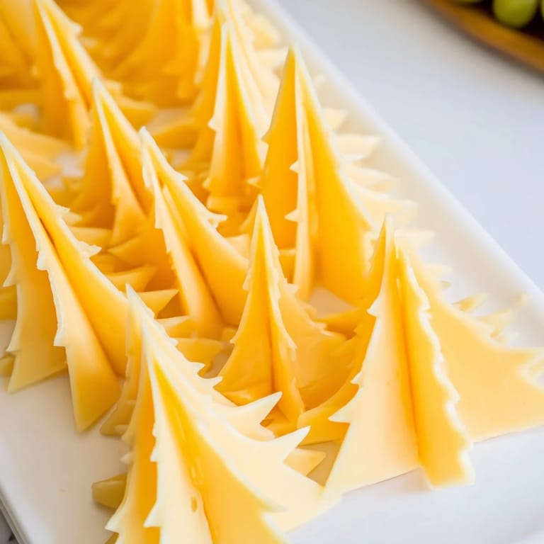 Holiday appetizer, The Tannenbaum Border features a cheese board rim with crisp cheese pines.