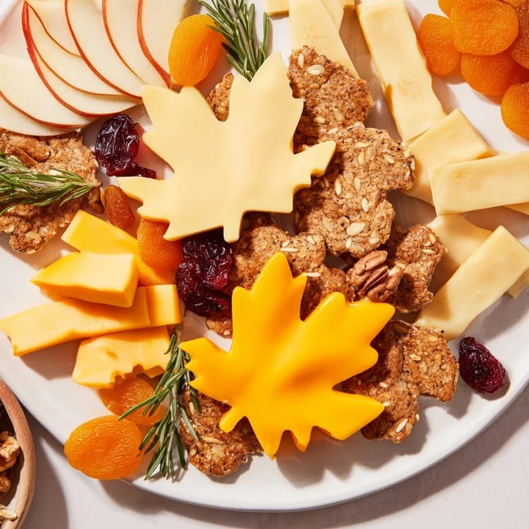 This vibrant Thanksgiving Leaf Fall snack board displays assorted cheeses, crackers, and dried fruit arranged artfully.