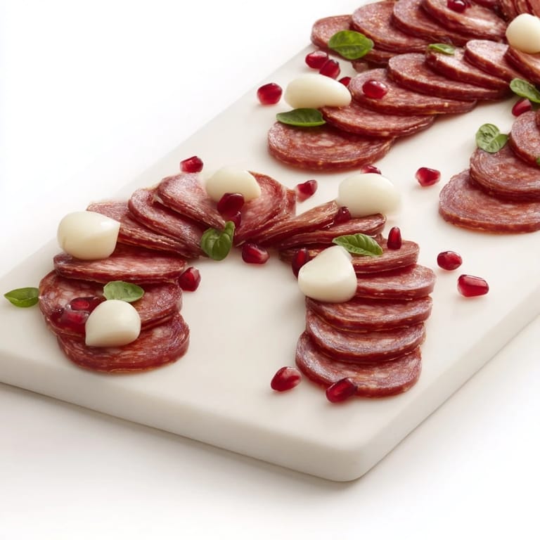 Delicious The Candy Cane Zigzag arrangement, featuring salami, mozzarella, and juicy cherry tomatoes for a party spread.