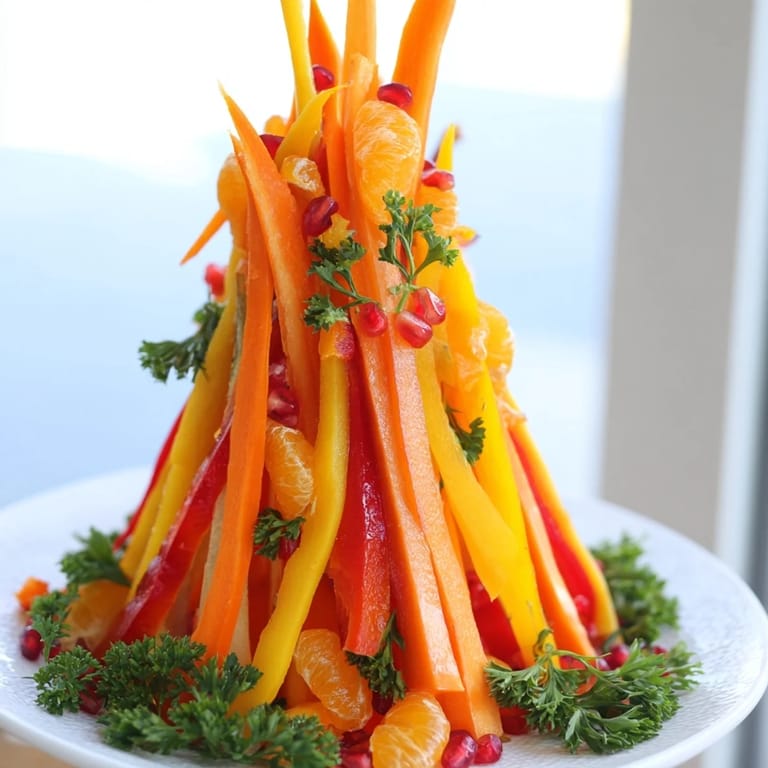 This edible Bonfire Warmth Centerpiece, with carrot flames and vibrant colors, is perfect for a festive gathering.