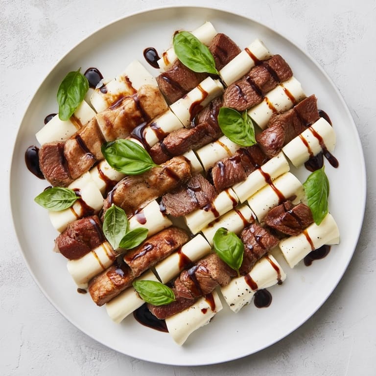A beautiful close-up of Safari Stripes: flavorful meats and cheese drizzled with glossy balsamic reduction.
