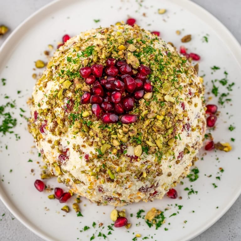 Enjoy a lavish and elegant appetizer: The Royal Orb, festively decorated cheese ball on a serving plate.