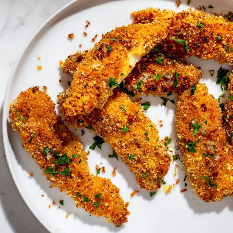Enjoy freshly baked garlic Parmesan chicken tenders, fragrant with herbs, ready for a delicious bite.
