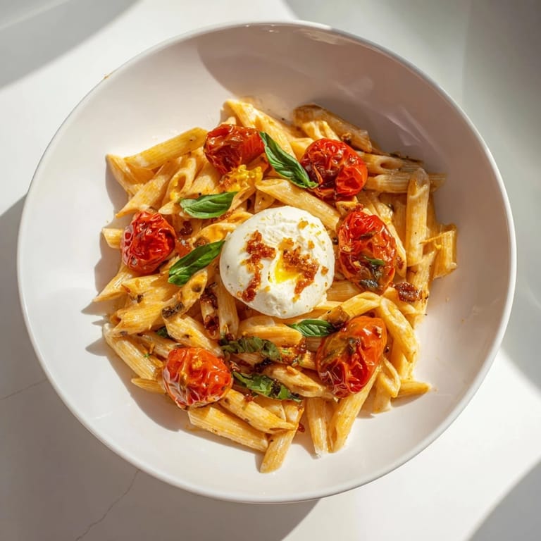 A close-up shot of creamy Boursin Cheese Pasta with vibrant, plump, roasted cherry tomatoes.