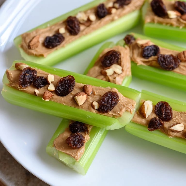 The classic ants on a log: Peanut butter celery sticks topped with raisins, ready to eat.