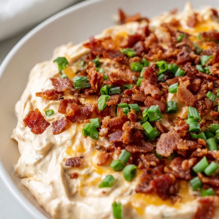 Golden, bubbling Cheesy Bacon Ranch Dip, a savory, creamy appetizer served with crunchy tortilla chips.