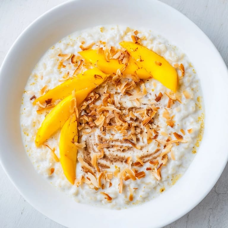 Close-up of fluffy, creamy Toasted Coconut Rice Pudding, perfect for a cozy dessert or breakfast.