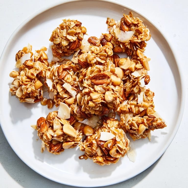 Close-up of freshly made Honey Nut Granola Clusters, featuring toasted oats and a touch of honey sweetness.