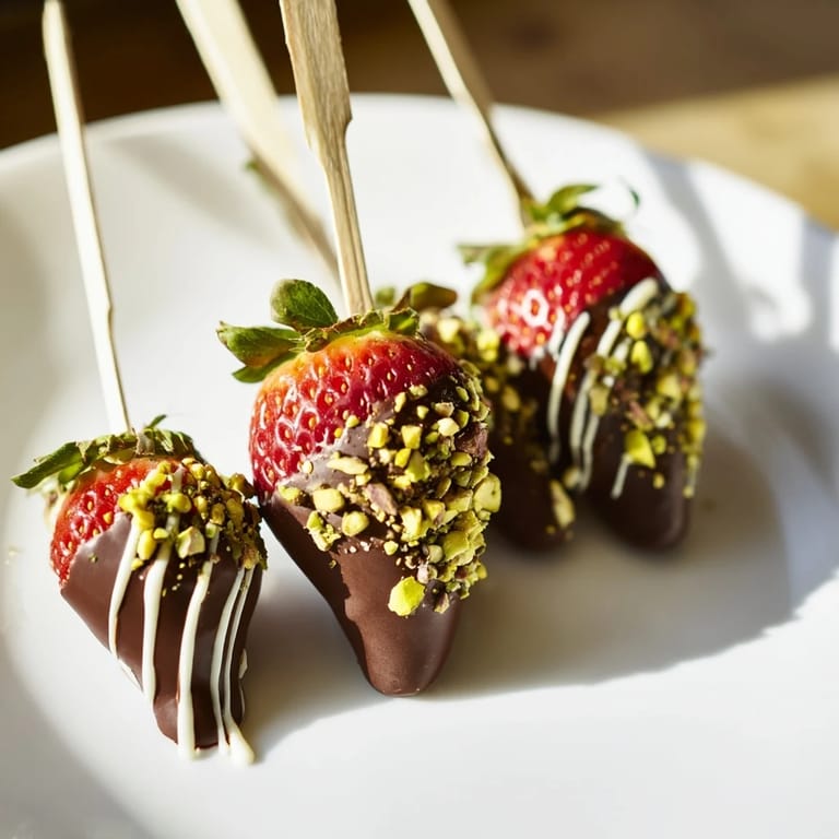 Close-up of decadent chocolate-dipped strawberry skewers, ideal for a sweet party appetizer.