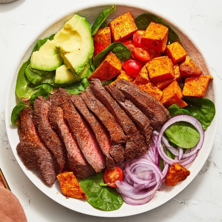 This colorful Beef Avocado Sweet Potato Bowl features seared beef with vibrant tomatoes and a creamy yogurt dressing.