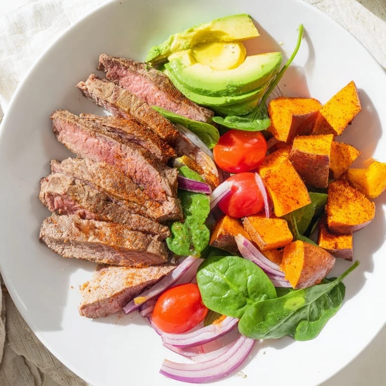 Imagine a flavorful Beef Avocado Sweet Potato Bowl: savory beef, sweet potatoes, and fresh avocado in each bite.