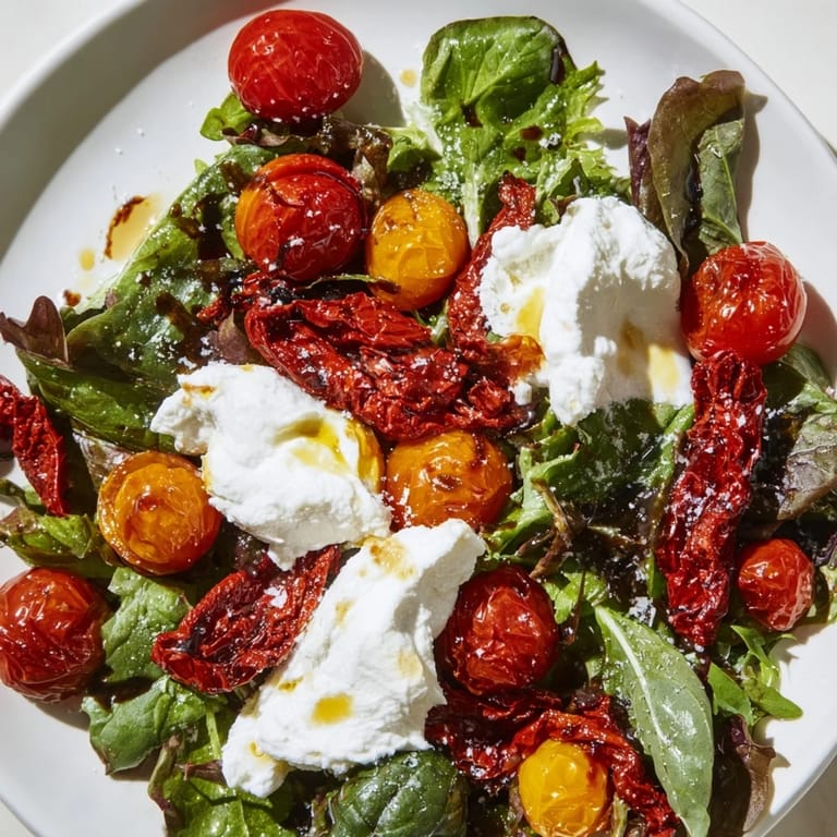 Enjoy this easy-to-make Tomato Flight Salad with its colorful tomatoes and the delicious creamy burrata cheese.