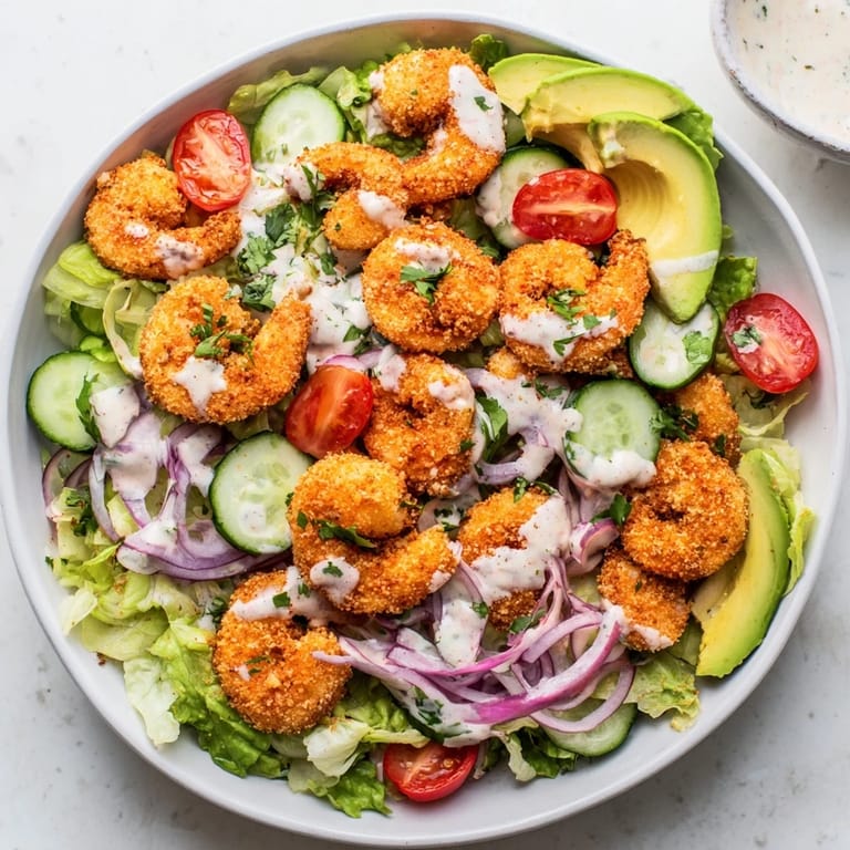A delicious Spicy Crispy Shrimp Salad featuring perfectly cooked shrimp, avocado slices, and zesty dressing.
