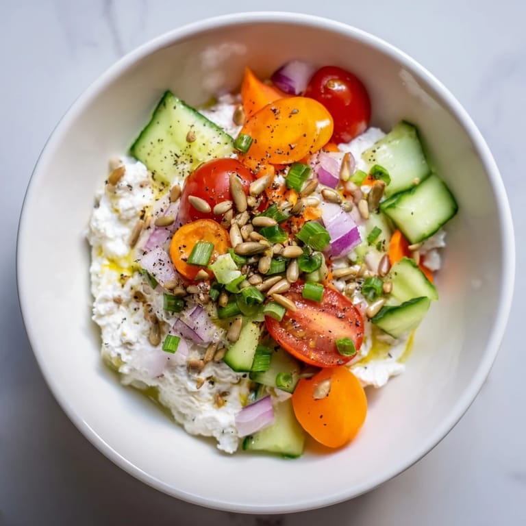 Enjoy a refreshing cottage cheese snack bowl, seasoned with herbs, perfect as a quick, healthy meal.