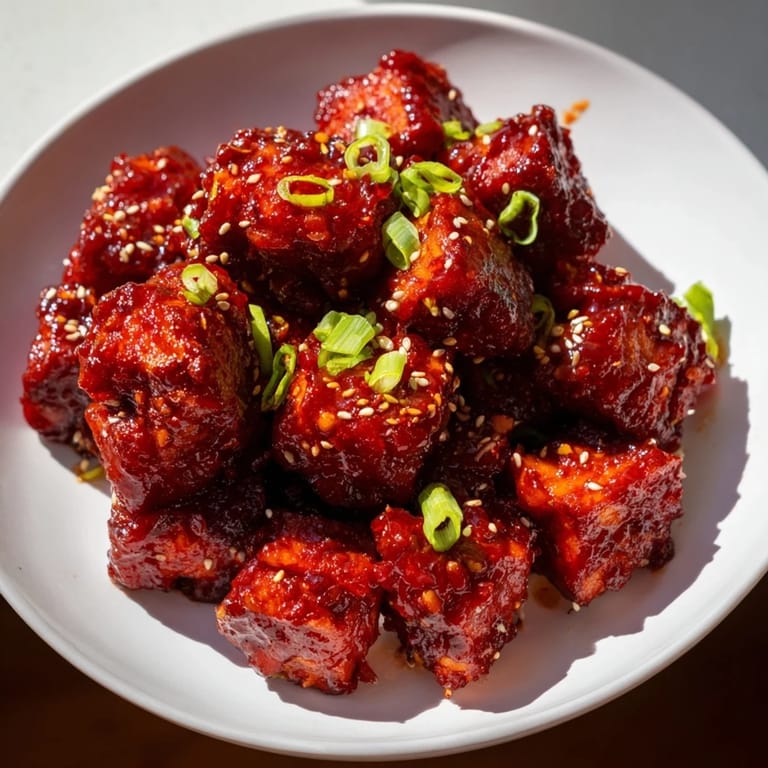 Appetizing photo of flavorful Honey Gochujang Tofu, garnished with sesame seeds and green onions.