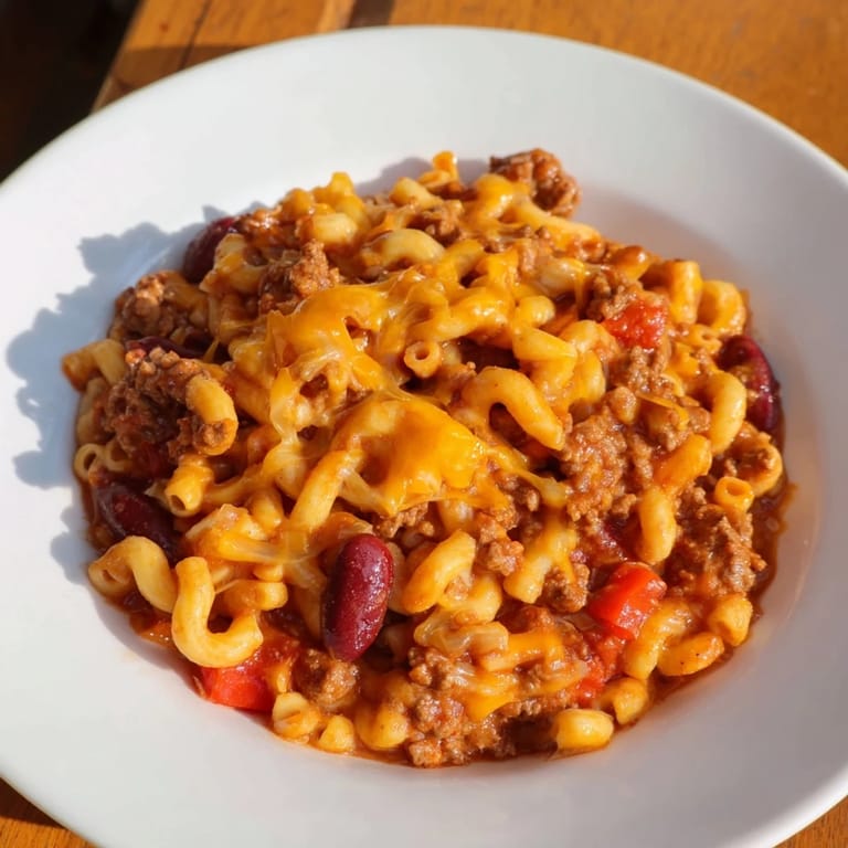 Close-up of bubbling One-Pot Chili Mac, a comforting, flavorful meal perfect for chilly evenings.