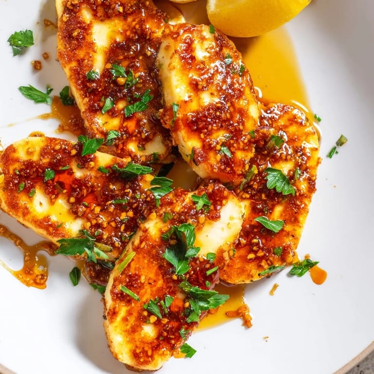 Flavorful Hot Honey Halloumi recipe: halloumi cheese pan-fried, drizzled with a sweet and spicy honey.