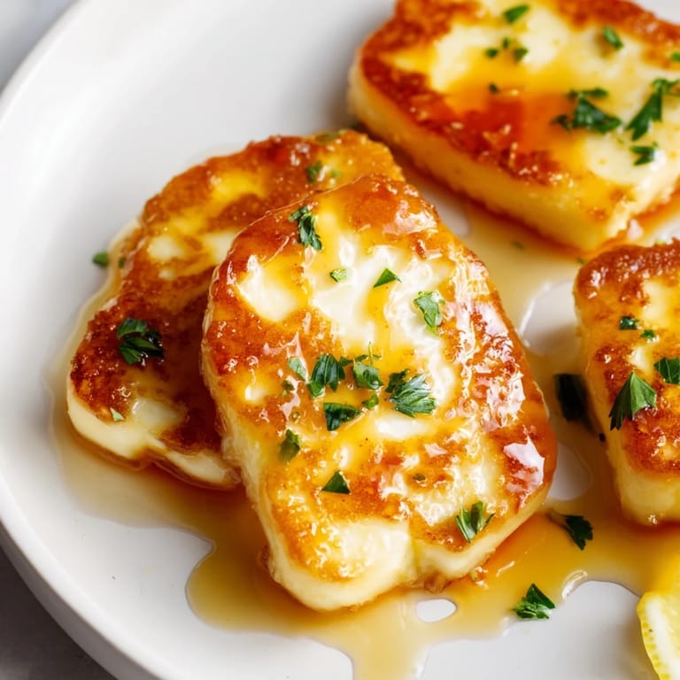 Close-up of fried Hot Honey Halloumi, glistening with hot honey, ready to enjoy as a flavorful snack.
