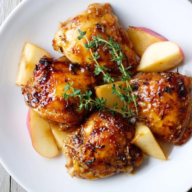 Close-up of a pan of sizzling Sticky Maple Apple Chicken, the apples caramelized and ready to serve.