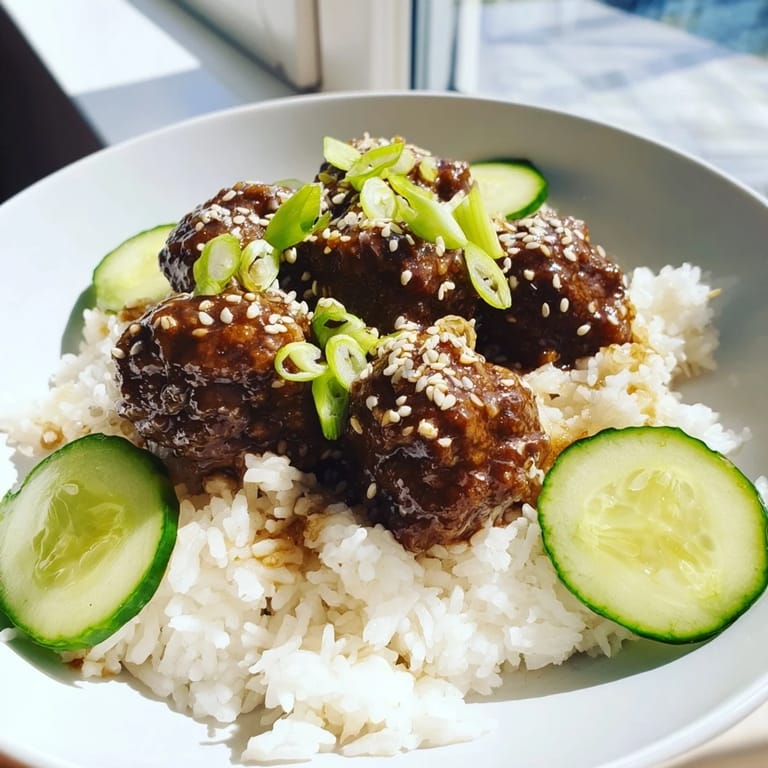 Mouthwatering teriyaki meatball bowls featuring savory meatballs coated in a glossy teriyaki glaze, perfect for dinner.