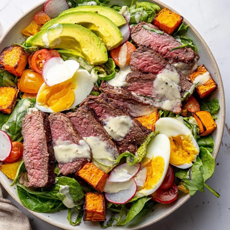 This high-protein beef avocado bowl features vibrant greens, sweet potato, and a perfectly cooked egg.