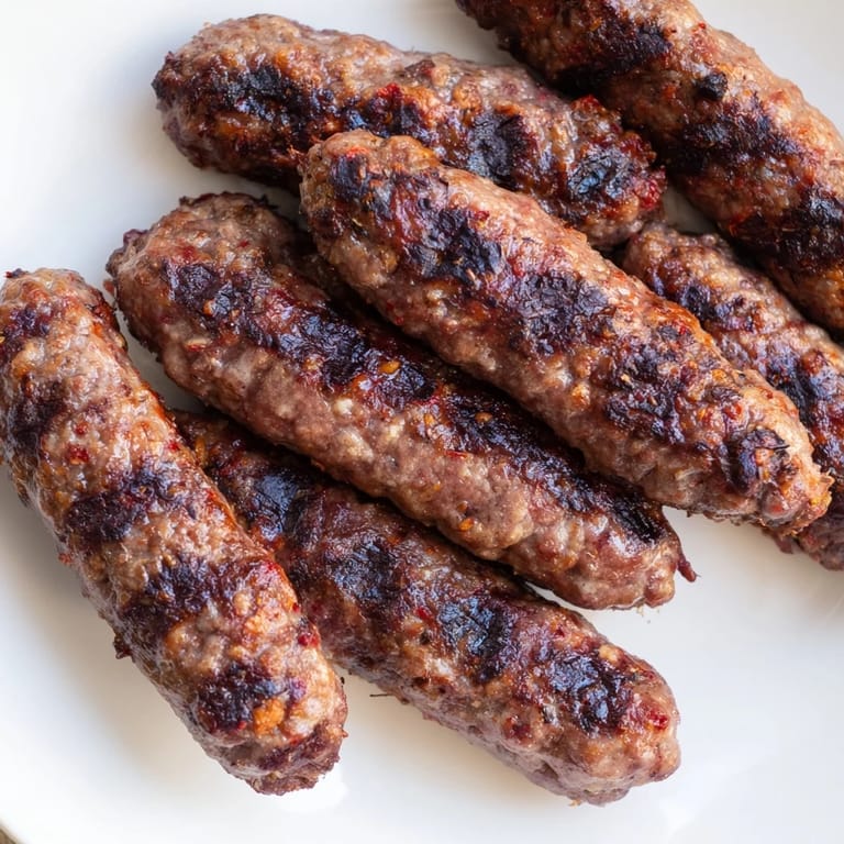 Close-up of juicy, seasoned Romanian mici, a delicious blend of meats, perfect served with mustard.