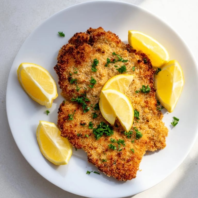 Tender, juicy German Schnitzel cutlets, served with a bright lemon wedge for a flavorful meal.