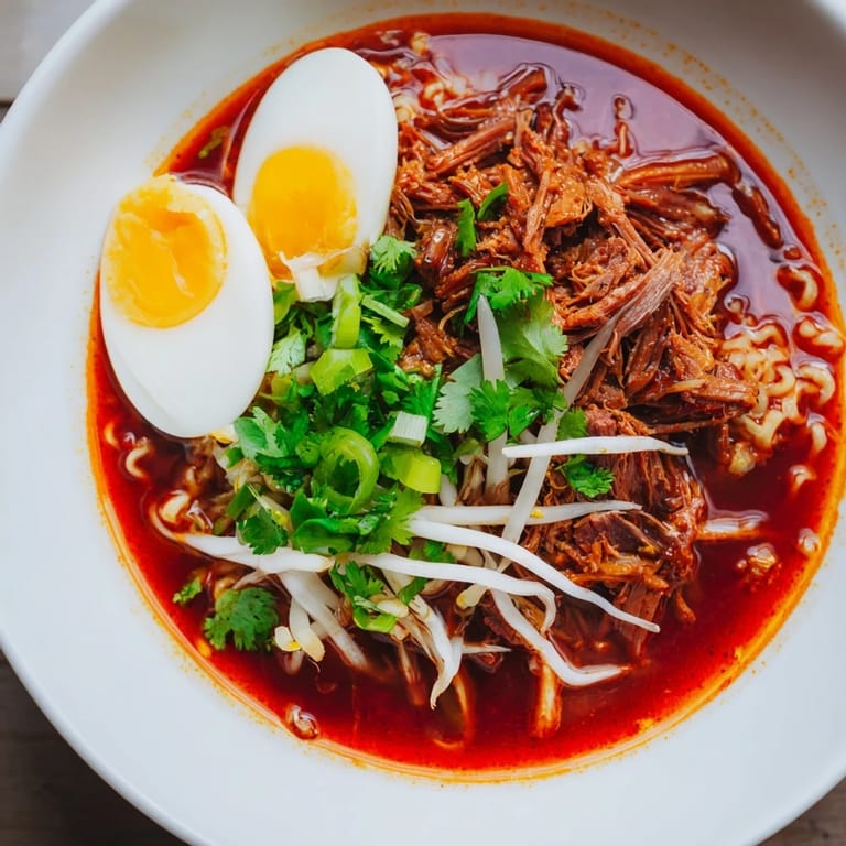 Rich, flavorful Birria Ramen, with a close-up of the spiced beef and ramen noodles in a deep bowl.