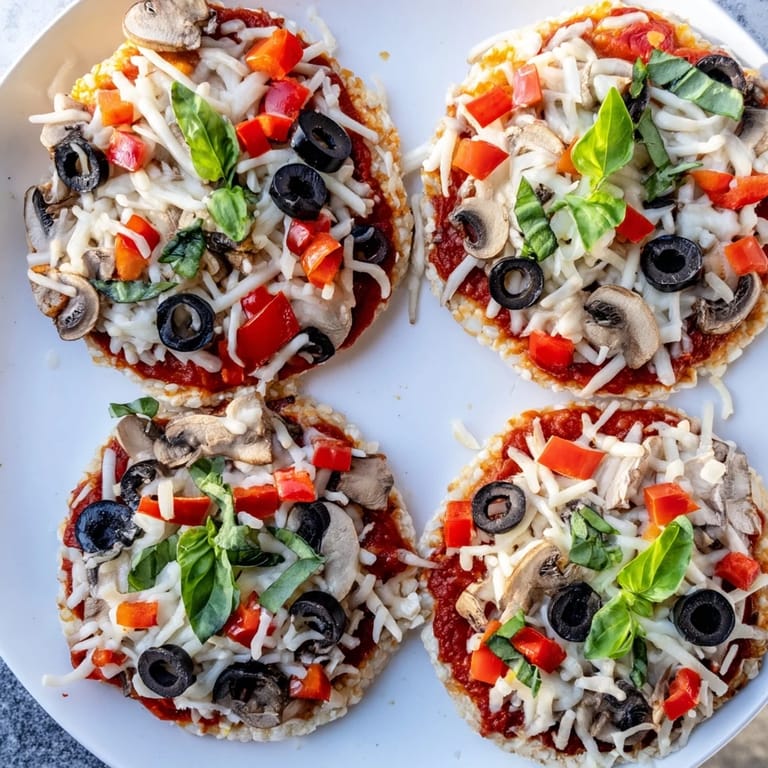 A close-up of delicious Rice Cake Pizza Squares, featuring bubbly cheese and colorful vegetables, perfect snack.