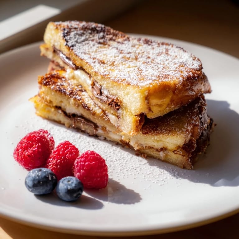 Fluffy Nutella Brioche French Toast, perfectly cooked and dusted with powdered sugar, a delightful brunch option.