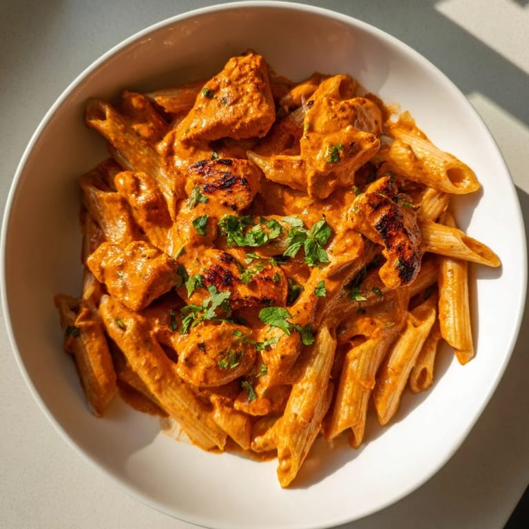 A close-up of Chicken Tikka Pasta with steaming creamy sauce, penne noodles, and vibrant cilantro garnish for an inviting meal.