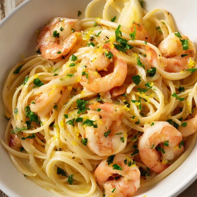 Plate of Garlic Butter Shrimp Linguine topped with fresh parsley and lemon zest, served with a glass of crisp white wine.