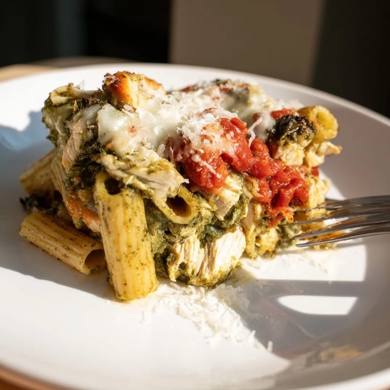 A close-up of Pesto Chicken Pasta Bake reveals steaming mozzarella strands and golden cheese spots, highlighting the rich marinara sauce and tender chicken nestled among vibrant green pesto-coated pasta.
