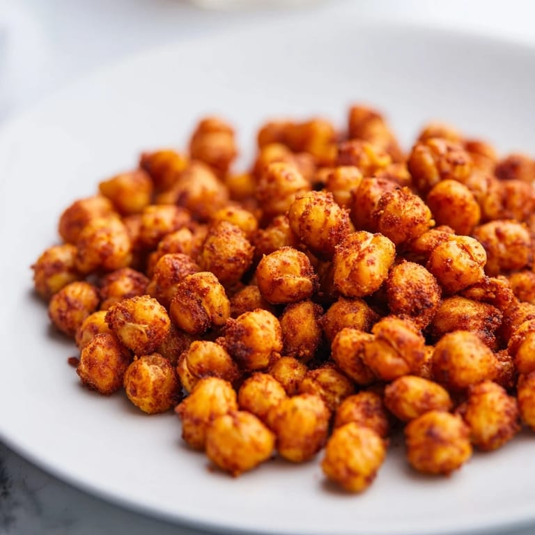 Freshly roasted chickpea snack cooling on a parchment-lined tray, seasoned with garlic powder and cayenne for a spicy, crunchy bite.  