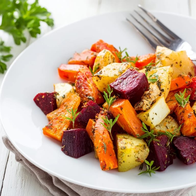 Golden, tender root vegetables from the medley arranged beautifully with fresh parsley garnish on a white plate.