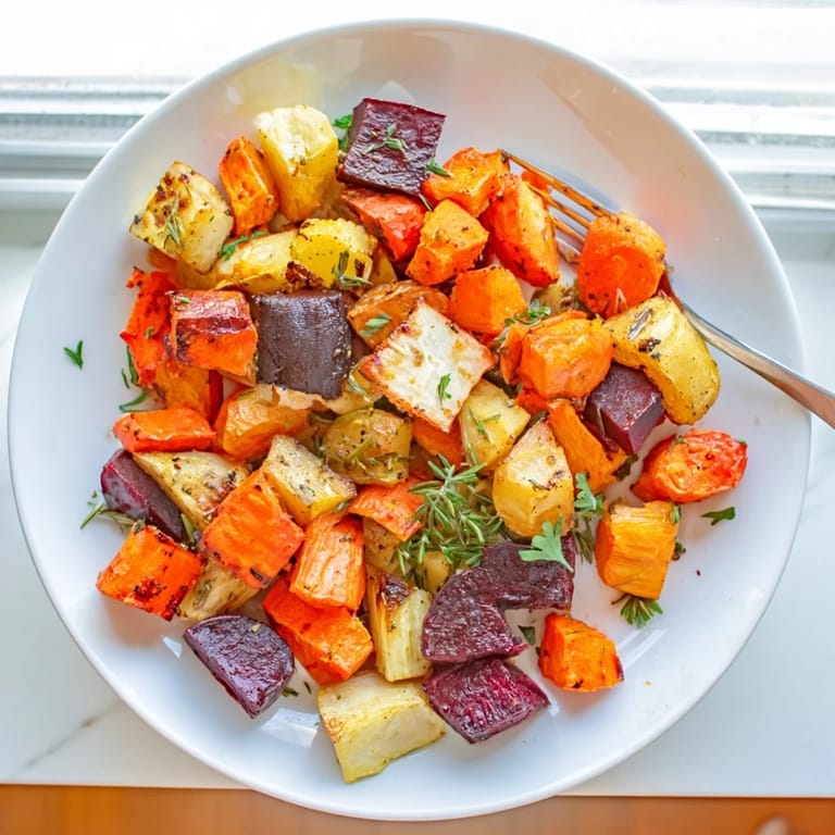 Vibrant roasted root vegetable medley served warm as a hearty side dish, perfect for fall and winter meals.