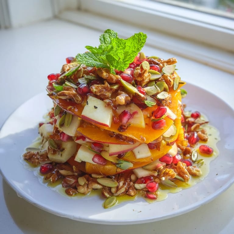 A close-up of the vibrant Pomegranate and Walnut Salad shows fresh mint garnish and pumpkin seeds on a rustic serving bowl.